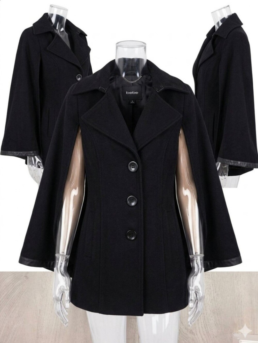 VTG Bebe Black Wool Blend Cape Coat Leather Trim Flare Bell Sleeve Jacket XS